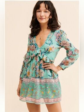 RAGA Teal Floral V-Neck Ruffled Mini Dress